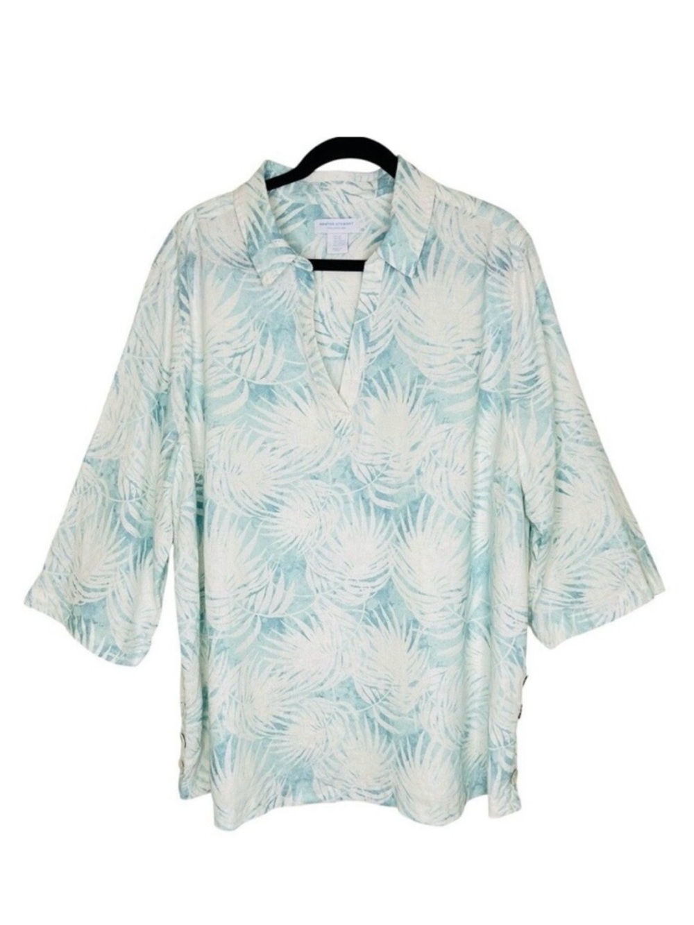 NEW Martha Stewart Collection Linen Blend Top 2X Aqua White Palm Print
